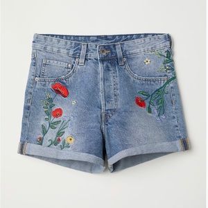 H&M Embroidered High Waisted Jean Shorts
